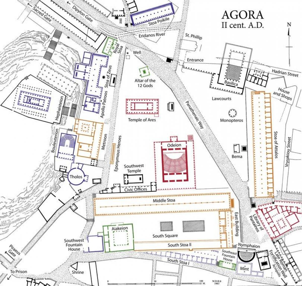 mapa de el ágora de Atenas