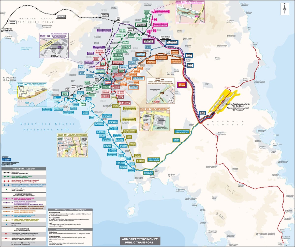 Atenas, grecia rutas de autobús mapa