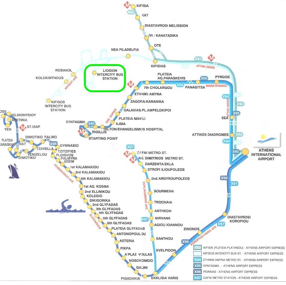 mapa de liosion la estación de autobuses de Atenas 